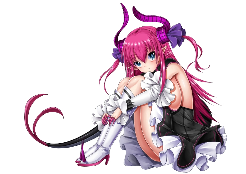 1girl alternate_breast_size breasts commentary_request dragon_girl dragon_horns dragon_tail elizabeth_bathory_(fate) elizabeth_bathory_(fate)_(all) expressionless eyebrows_visible_through_hair fate/extra fate/extra_ccc fate/grand_order fate_(series) frilled_skirt frills horns idol large_breasts long_hair looking_at_viewer pink_hair pointy_ears saishuu_rori_densha sideboob skirt solo tail white_background