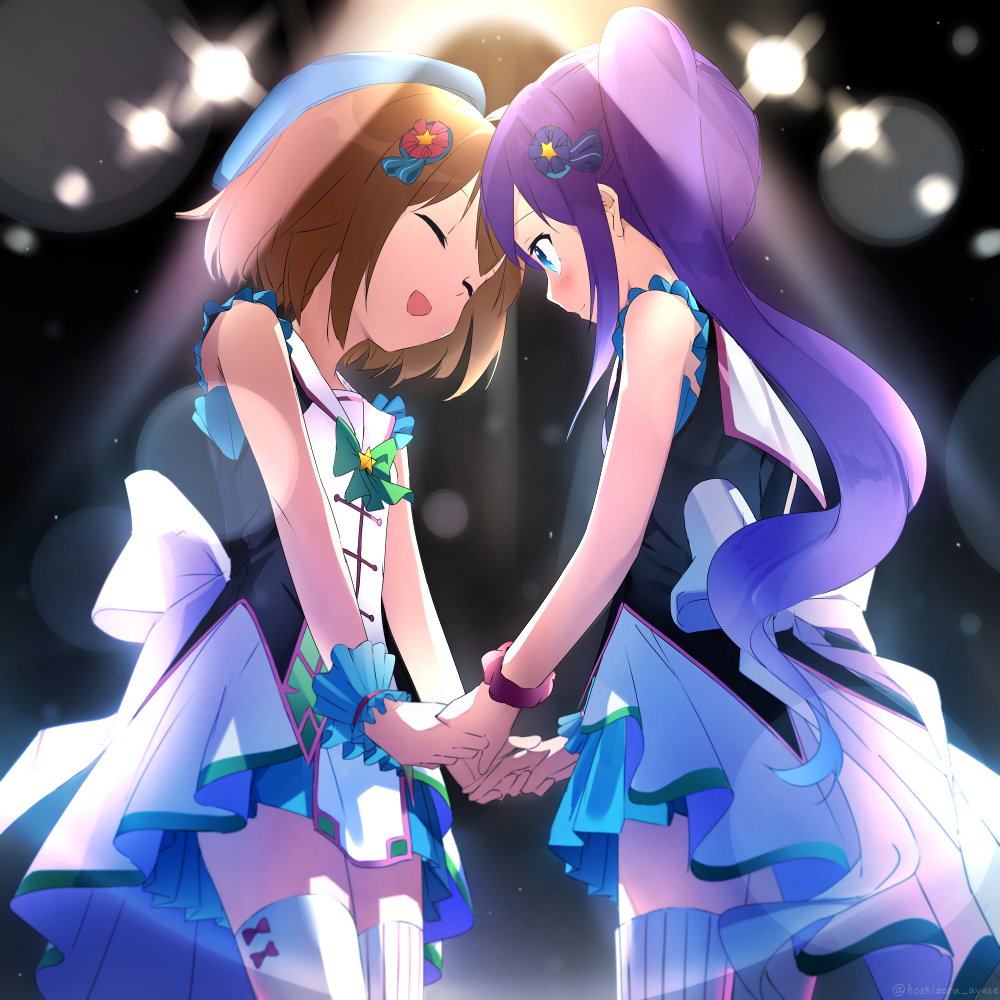 2girls :d ^_^ ^o^ ahoge back_bow bare_shoulders beret blue_eyes bow bowtie closed_eyes closed_mouth commentary cowboy_shot dress forehead-to-forehead from_below hair_ornament hat holding_hands hoshizora_ayase idol lens_flare long_hair looking_at_another multiple_girls open_mouth orange_hair purple_hair re:stage! scrunchie shikimiya_mana short_hair side_ponytail smile stage_lights thigh-highs tsukisaka_sayu very_long_hair wrist_cuffs wrist_scrunchie