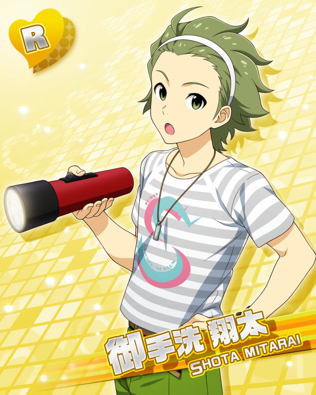 character_name green_eyes green_hair idolmaster idolmaster_side-m mitarai_shouta shirt short_hair smile