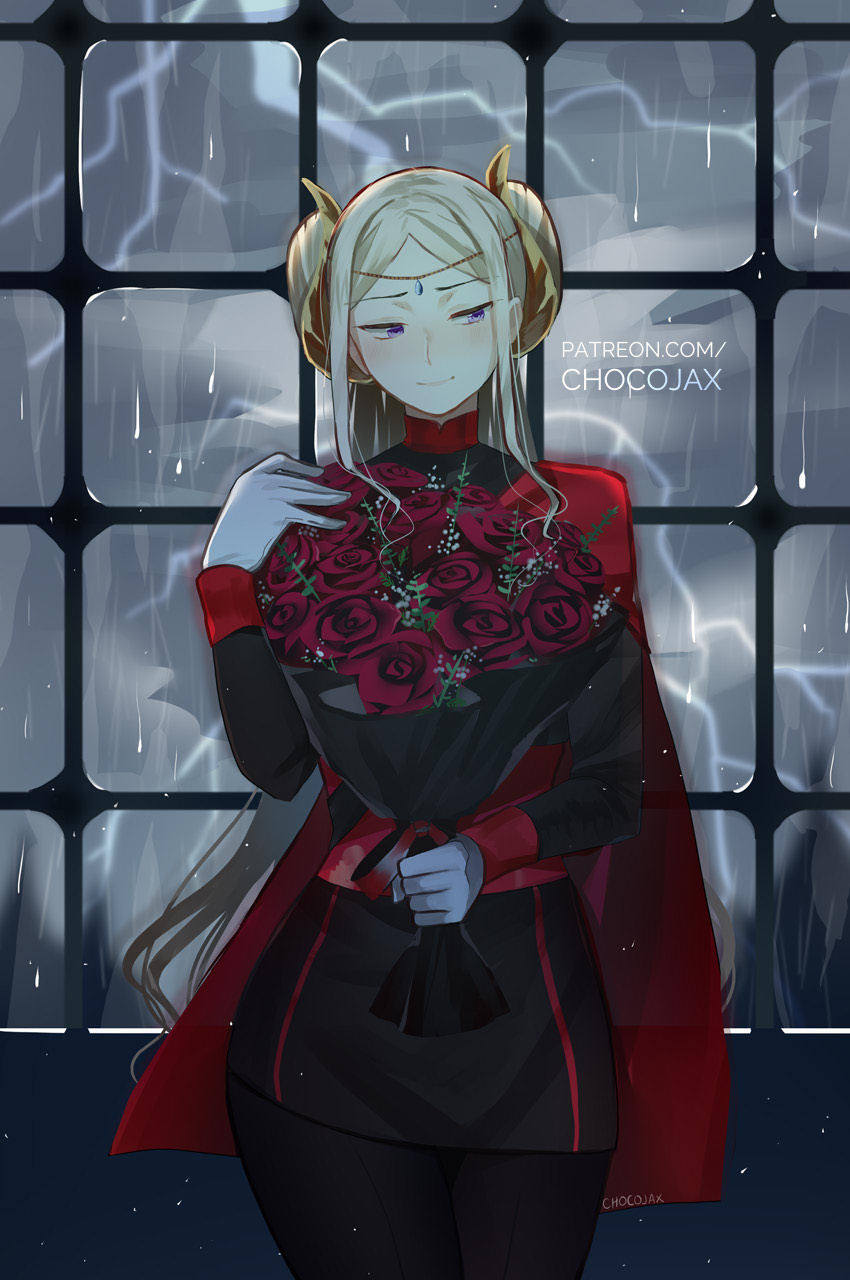 1girl blonde_hair blue_eyes blush chocojax crown edelgard_von_hresvelg fire_emblem fire_emblem:_three_houses flower formal gloves hair_ornament highres horns long_hair looking_at_viewer night rain rose smile solo window