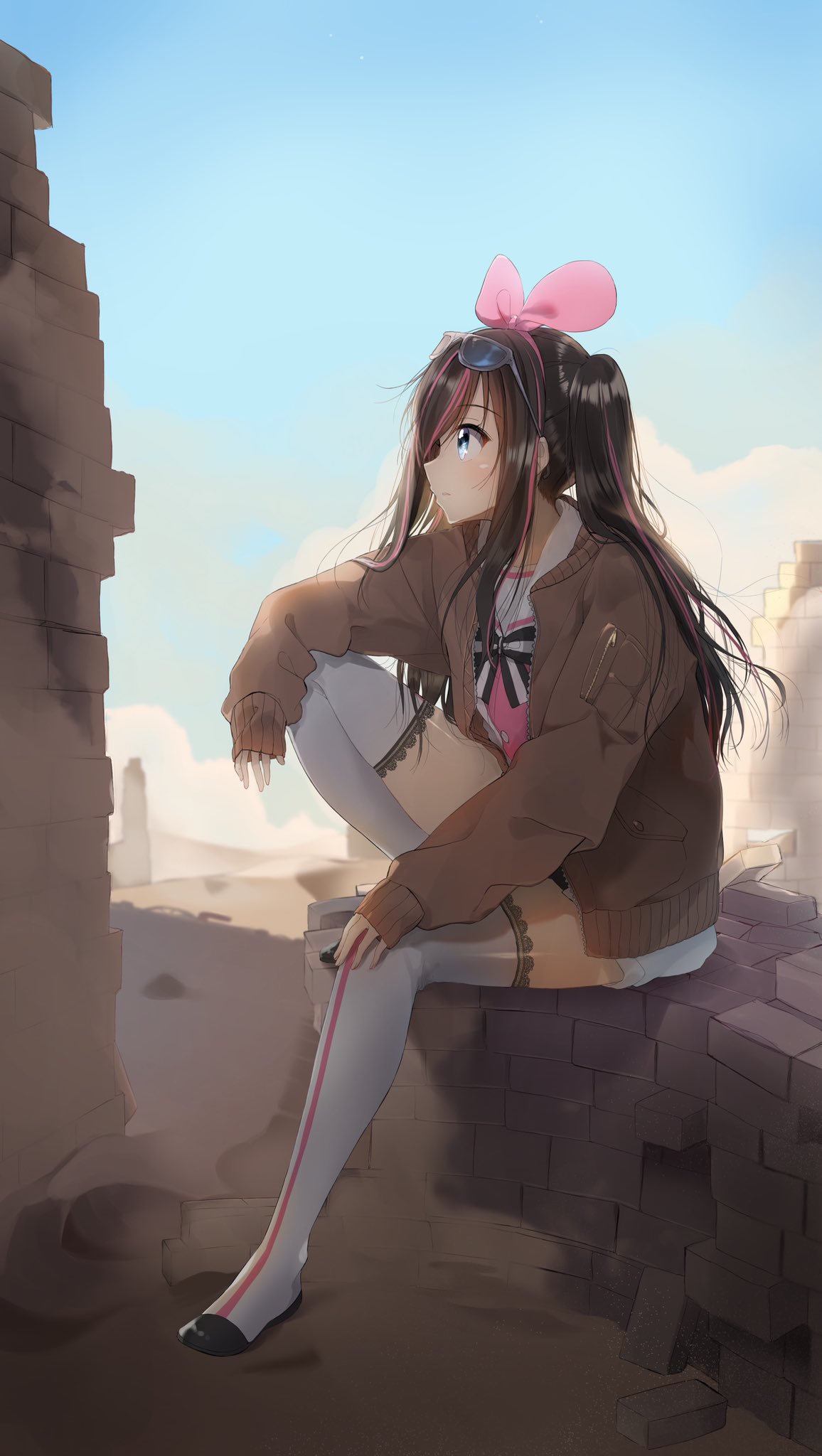 1girl a.i._channel black_hair blue_eyes brick_wall brown_jacket commentary_request day eyebrows_visible_through_hair eyewear_on_head full_body hairband highres jacket kizuna_ai long_sleeves looking_away multicolored_hair outdoors pentagon_(railgun_ky1206) pink_hair pink_hairband profile sitting sleeves_past_wrists solo streaked_hair sunglasses thigh-highs twintails two-tone_hair virtual_youtuber white_legwear