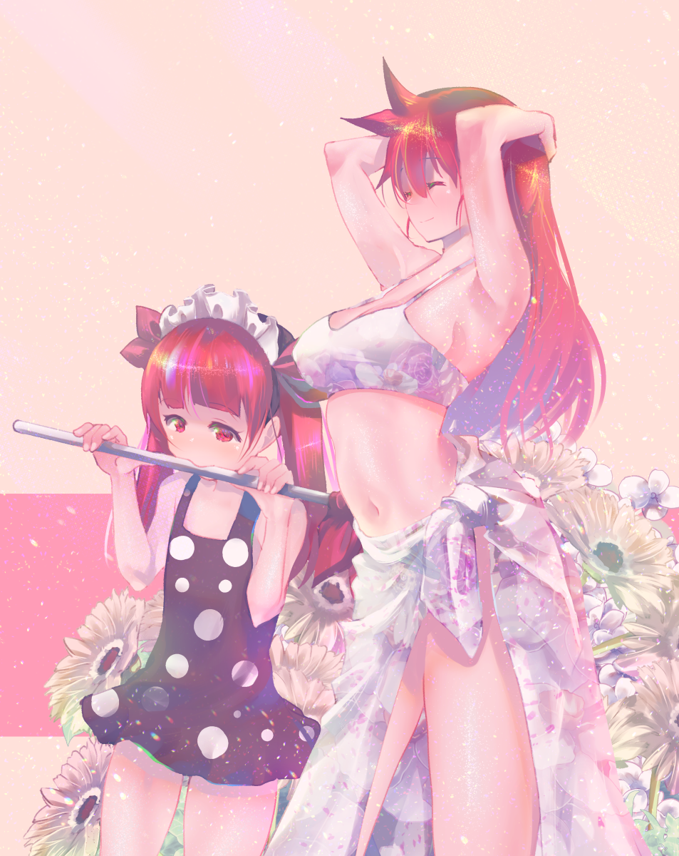 2girls armpits arms_up black_swimsuit blush bonnet breasts closed_eyes closed_mouth eating eyebrows_visible_through_hair flower hair_between_eyes hand_on_own_head highres holding kemurikusa large_breasts long_hair multiple_girls navel one-piece_swimsuit pink_background pipe red_eyes red_ribbon redhead ribbon rina_(kemurikusa) ryou_(kemurikusa) sarong smile standing swimsuit twintails usapenpen2019 white_bikini_top