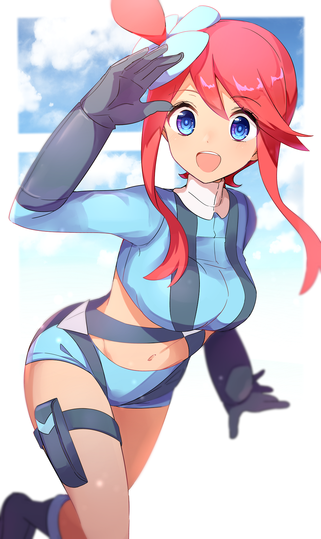 1girl aa_(sin2324) arm_up bangs black_footwear black_gloves blue_eyes blue_flower blue_shirt blue_shorts blue_sky boots breasts clouds commentary_request crop_top day elbow_gloves eyebrows_visible_through_hair flower fuuro_(pokemon) gloves hair_between_eyes hair_flower hair_ornament highres long_hair long_sleeves medium_breasts midriff navel one_side_up pokemon pokemon_(game) pokemon_bw redhead shirt short_shorts shorts sidelocks simple_background sky solo standing standing_on_one_leg white_background