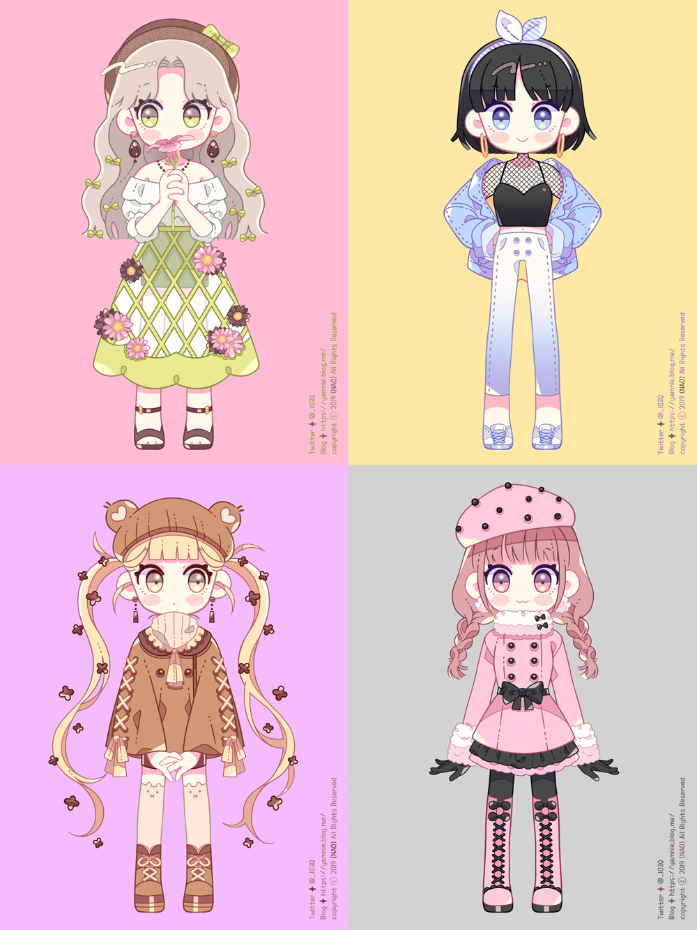 4girls :3 animal_band_legwear animal_ears bare_shoulders bear_ears bear_hat black_camisole black_gloves black_hair black_legwear blonde_hair blue_eyes blue_footwear blue_jacket blush_stickers boots bow braid brown_flower brown_footwear brown_hair brown_headwear brown_jacket brown_legwear brown_sweater camisole closed_mouth covered_mouth cross-laced_footwear denim earrings eyebrows_visible_through_hair fake_animal_ears fishnets flower fur-trimmed_sleeves fur_collar fur_trim gloves green_bow green_eyes green_skirt hair_bow hair_flower hair_ornament hair_ribbon hairband hands_on_hips hat hat_bow heart highres holding holding_flower hoop_earrings ie_(nyj1815) jacket jeans jewelry knee_boots lace-up_boots long_hair long_sleeves looking_at_viewer low_twintails multiple_girls navel off-shoulder_shirt off_shoulder open_clothes open_jacket original own_hands_together pants pantyhose pink_coat pink_flower pink_footwear pink_headwear red_eyes ribbed_sweater ribbon sandals see-through shirt shoes short_hair skirt smile standing sweater thigh-highs thighhighs_under_boots turtleneck turtleneck_sweater twin_braids twintails twitter_username very_long_hair watermark wavy_hair web_address white_pants white_ribbon white_shirt wide_sleeves yellow_eyes