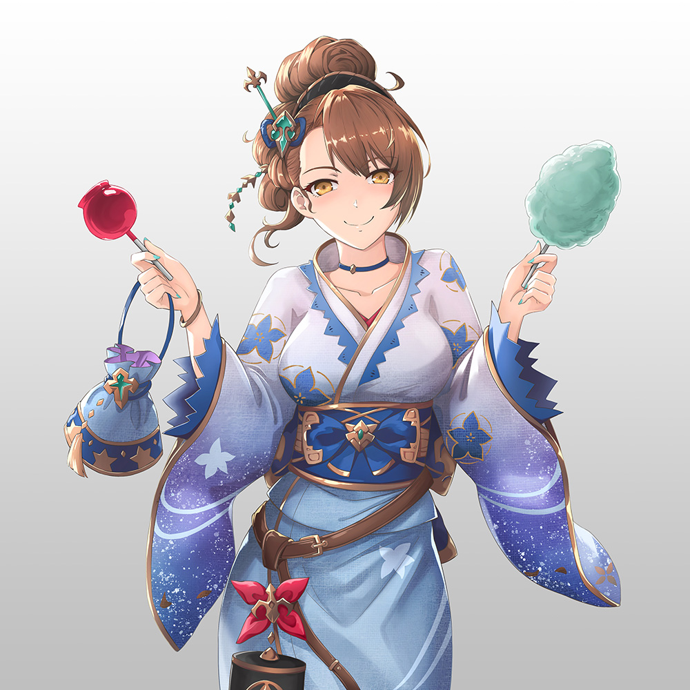 1girl alternate_costume alternate_hairstyle bag beatrix_(granblue_fantasy) blue_kimono blush breasts brown_eyes brown_hair candy_apple collarbone commentary_request cotton_candy eyebrows_visible_through_hair food granblue_fantasy hair_up handbag holding holding_food japanese_clothes kimono large_breasts looking_at_viewer smile solo yukata yuki7128