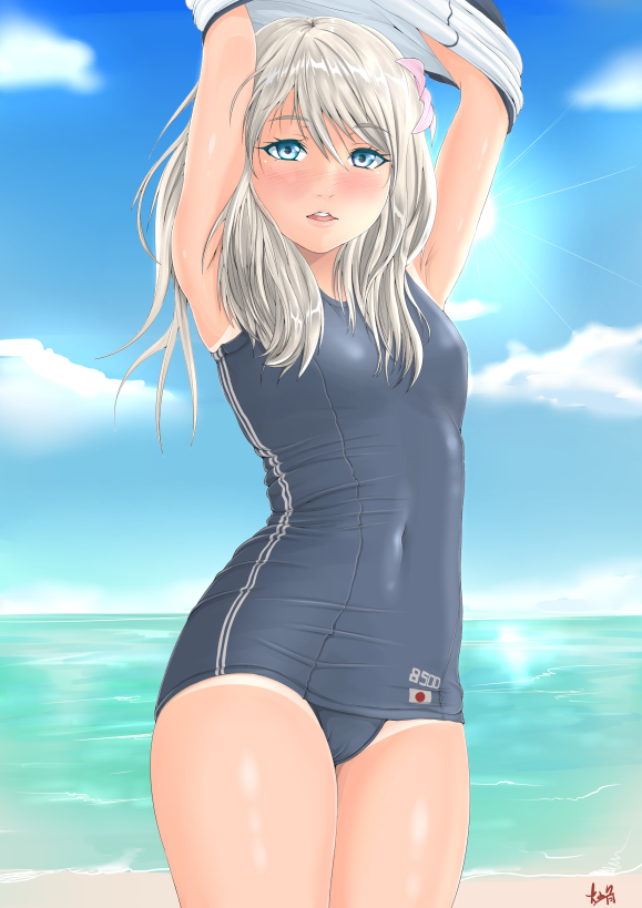 1girl arms_up artist_logo beach blue_eyes blue_sky character_name clouds commentary_request covered_navel cowboy_shot day flat_chest flower hair_flower hair_ornament hiyama_izumi_(wttdh) horizon japanese_flag kantai_collection looking_at_viewer ocean one-piece_tan outdoors ro-500_(kantai_collection) school_swimsuit silver_hair sky solo swimsuit tan tanline undressing upper_body