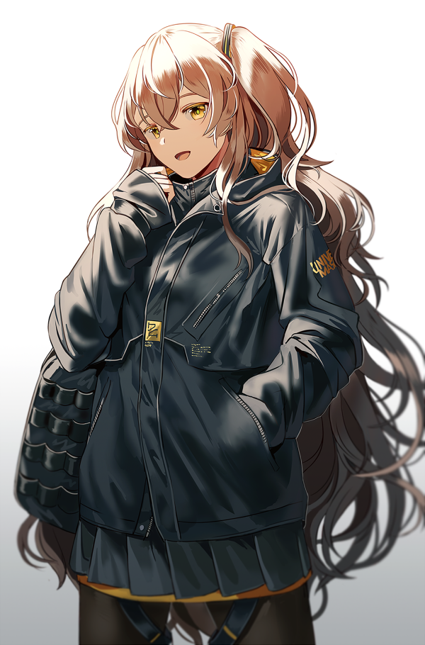 1girl :d alternate_costume bangs blush brown_hair cowboy_shot girls_frontline gloves gradient gradient_background hair_between_eyes hand_in_pocket jacket long_hair looking_at_viewer one_side_up open_mouth pantyhose pleated_skirt silence_girl simple_background skirt sleeves_past_wrists smile ump45_(girls_frontline) yellow_eyes