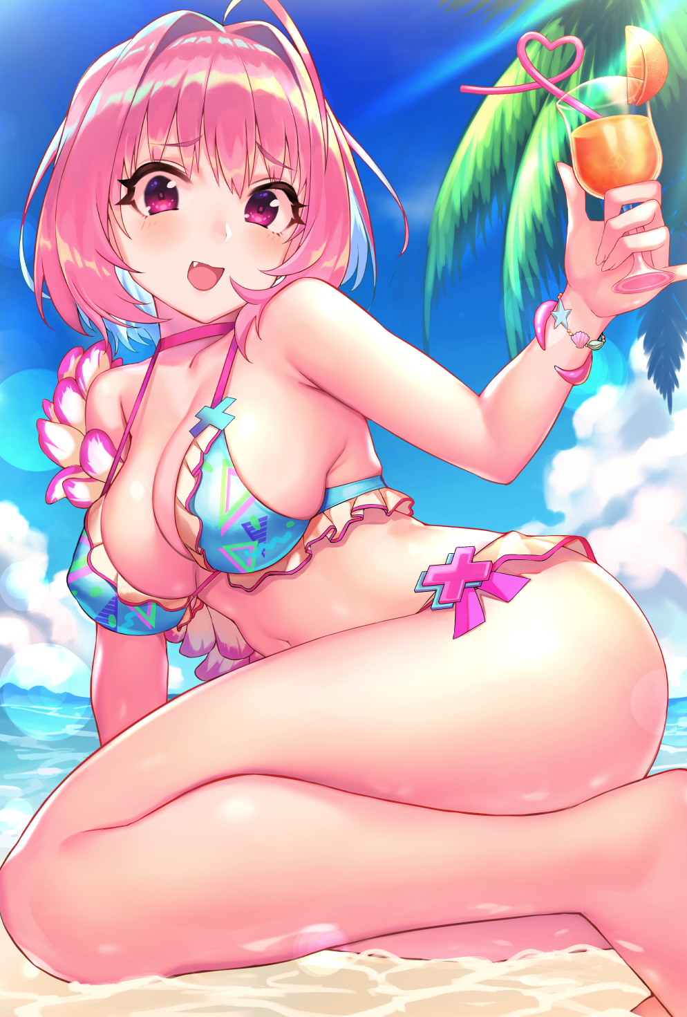 1girl ahoge arm_support bangle bangs bare_shoulders barefoot bikini blue_bikini_top blue_sky bracelet breasts choker clouds crazy_straw cup day drink drinking_straw eyebrows_visible_through_hair fang food frilled_bikini frills fruit hair_between_eyes hair_intakes hand_up heart heart_straw highres holding holding_cup hrtyuk idolmaster idolmaster_cinderella_girls jewelry large_breasts lei looking_at_viewer multicolored multicolored_bikini multicolored_clothes navel ocean open_mouth orange orange_slice outdoors palm_tree pink_choker raised_eyebrows shiny shiny_hair short_hair sitting sky smile solo strap_gap sunlight swimsuit thighs tongue tree water yellow_frills yumemi_riamu