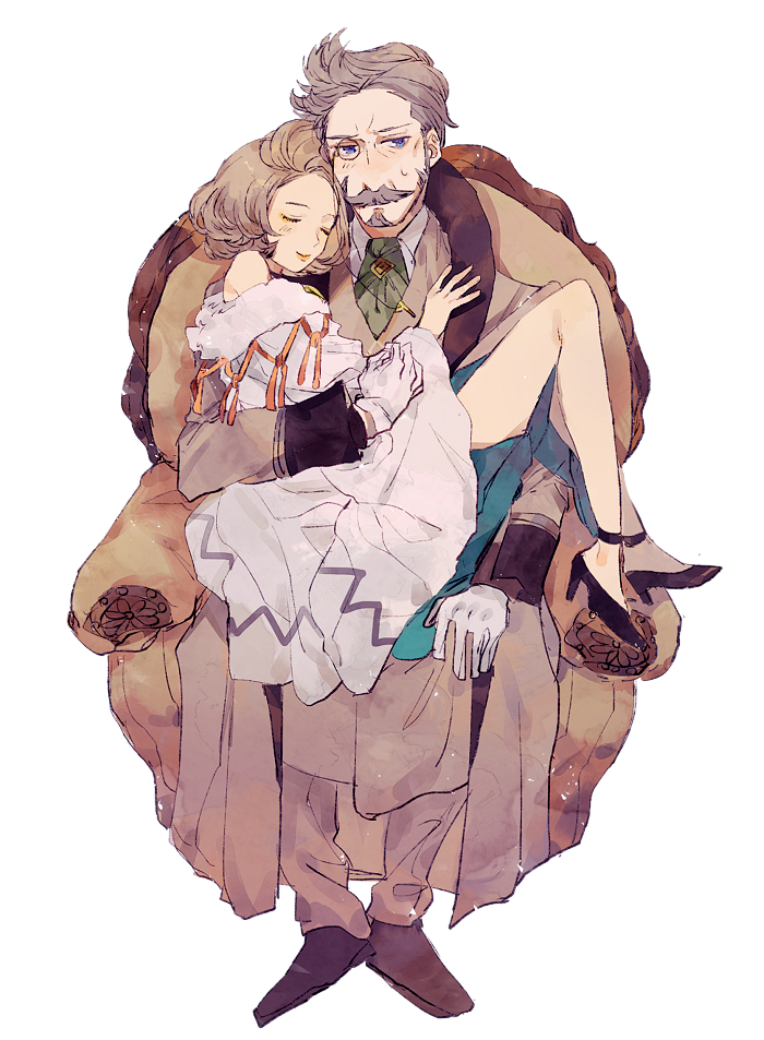 1boy 1girl beard black_footwear blue_eyes blue_skirt blush brown_hair brown_pants chair closed_eyes error facial_hair fire_emblem fire_emblem:_three_houses gloves greenneckwear grey_hair hanneman_von_essar hetero hug lapel_pin looking_at_viewer manuela_casagranda monocle mustache pants shoes short_hair shourou_kanna simple_background sitting skirt sleeping smile sweatdrop white_background white_gloves wide_sleeves