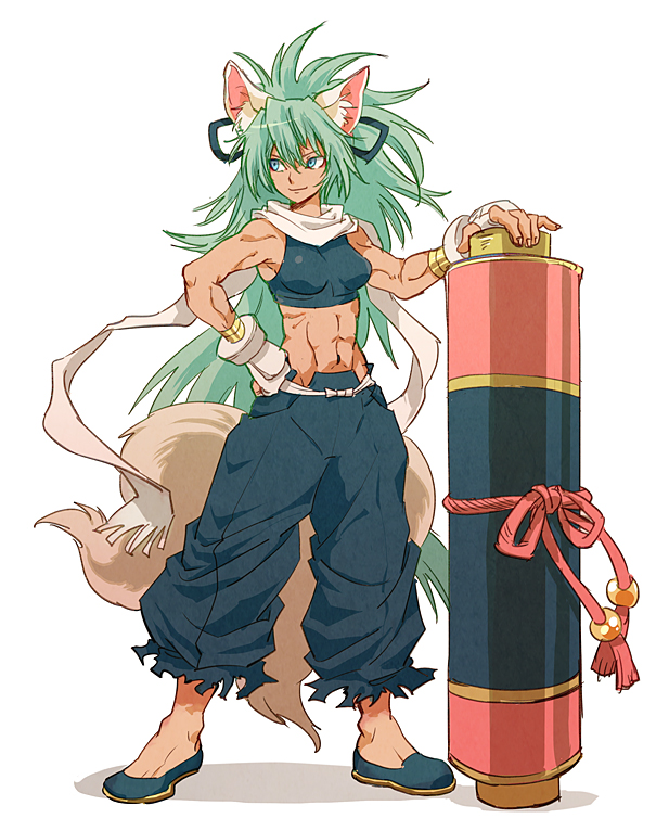 1girl animal_ears bare_shoulders blue_eyes cat_ears character_request copyright_request fingerless_gloves gloves green_hair hair_between_eyes hand_on_hip long_hair multiple_tails muscle muscular_female navel ponytail red_ribbon ribbon scarf scroll simple_background smile solo tail torn_clothes two_tails white_background white_gloves white_scarf yuza