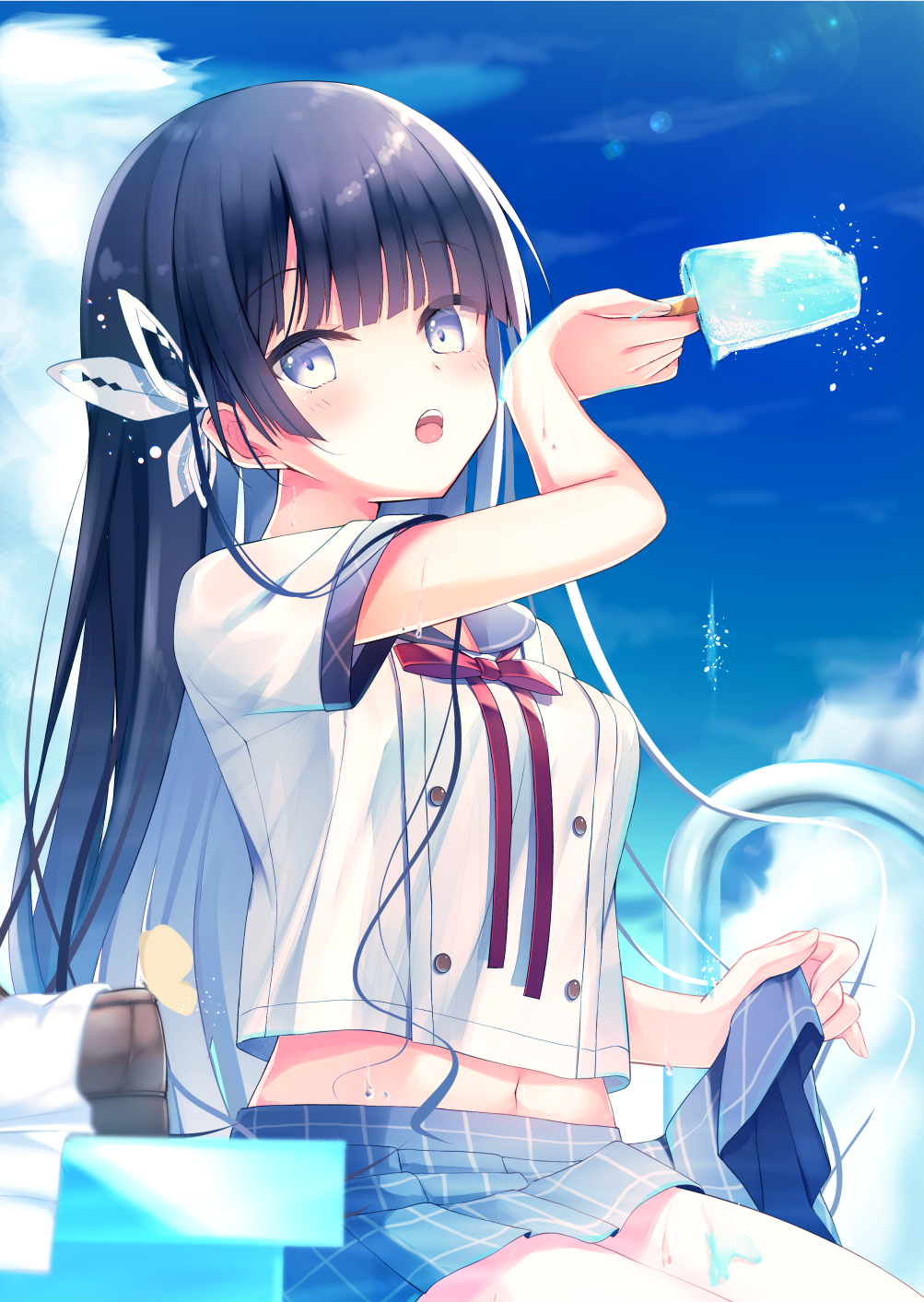 1girl animal bangs black_hair blue_sailor_collar blue_skirt blue_sky blush breasts brown_footwear bug butterfly clouds commentary_request day eyebrows_visible_through_hair food food_on_body grey_eyes hand_up highres holding holding_food insect kinoko5123 lifted_by_self loafers long_hair looking_at_viewer midriff navel neck_ribbon open_mouth original outdoors pleated_skirt popsicle red_ribbon ribbon sailor_collar school_uniform serafuku shirt shoes short_sleeves sitting skirt skirt_lift sky small_breasts socks socks_removed solo upper_teeth very_long_hair white_legwear white_shirt