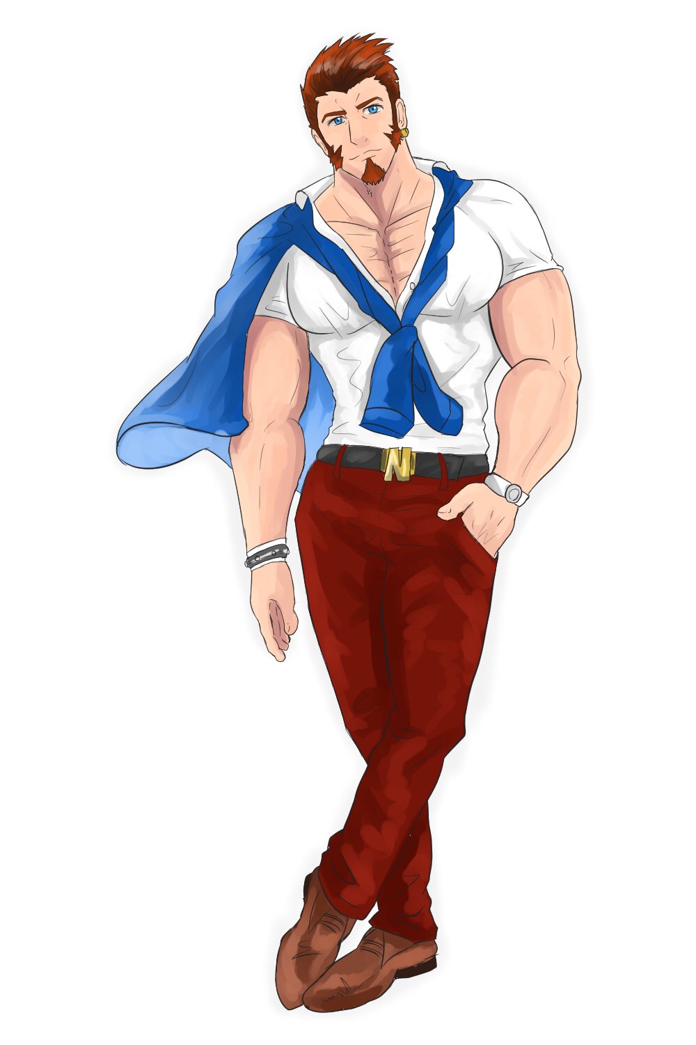 1boy alternate_costume bara beard belt biceps blue_eyes bracelet brown_hair chest clothes_around_neck earrings facial_hair fate/grand_order fate_(series) full_body hand_in_pocket highres jewelry kattken long_sleeves looking_at_viewer male_focus muscle napoleon_bonaparte_(fate/grand_order) open_clothes pants pectorals red_pants shoes sideburns solo watch