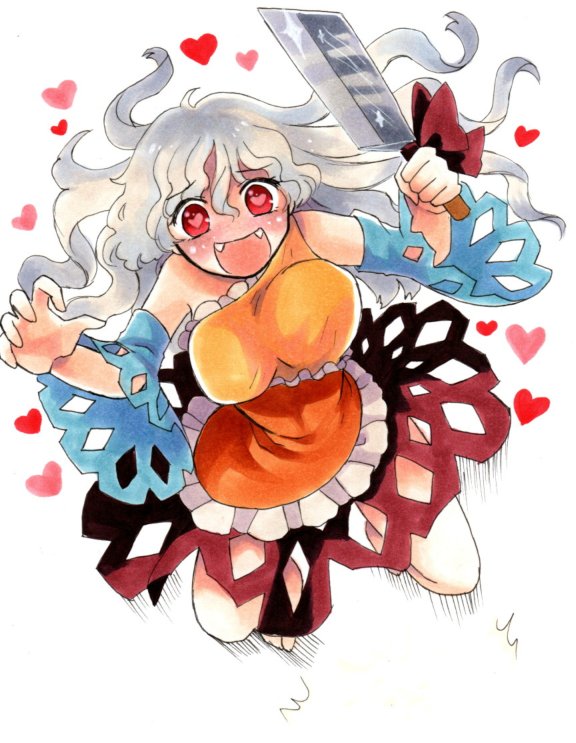 1girl :d bare_legs bare_shoulders barefoot bouncing_breasts breasts detached_sleeves diamond_(shape) dress eyebrows_visible_through_hair fang floating_hair food full_body furrowed_eyebrows grey_hair hands_up happy hatchet heart heart-shaped_pupils holding holding_food jumping long_hair looking_at_viewer multicolored multicolored_clothes multicolored_dress open_mouth orange_dress oriental_hatchet proton red_dress red_eyes sakata_nemuno short_dress simple_background single_strap smile solo symbol-shaped_pupils toes touhou traditional_media unaligned_breasts wavy_hair white_background wide_sleeves yellow_dress