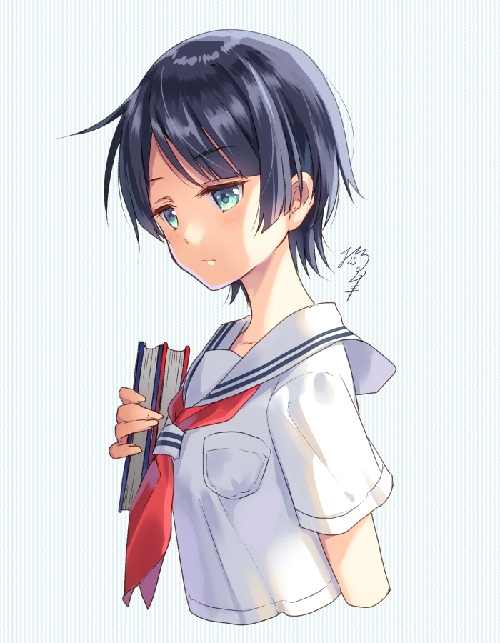 1girl androgynous aqua_eyes black_hair book breast_pocket cropped_arms cropped_torso frown half-closed_eyes holding holding_book neckerchief nekozuki_yuki original pocket red_neckwear school_uniform serafuku shirt short_hair signature solo striped striped_background upper_body vertical-striped_background vertical_stripes white_shirt