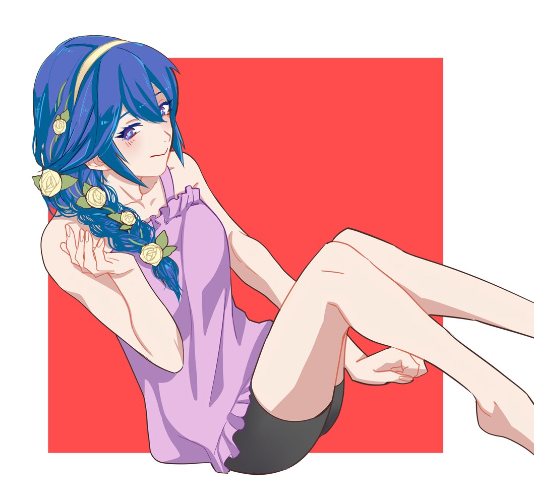 1girl blue_eyes blue_hair blush braid camisole cute fire_emblem fire_emblem:_kakusei fire_emblem_awakening flower frilled_shirt_collar frills hair_flower hair_ornament intelligent_systems juu_satoshi legs long_hair lucina lucina_(fire_emblem) nintendo side_braid smile solo super_smash_bros. tiara