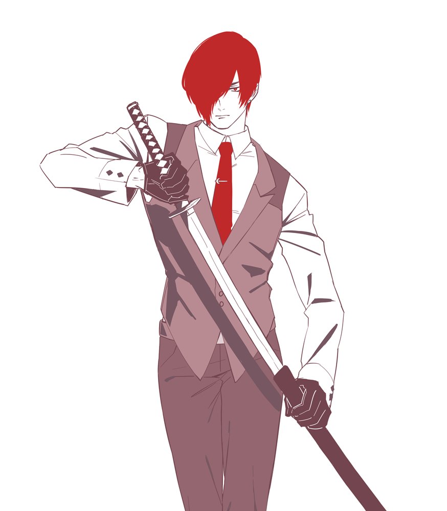 1boy flat_color gloves hair_over_one_eye juu_satoshi katana male_focus necktie red_eyes redhead sheath solo sword the_king_of_fighters tie_clip unsheathing vest waistcoat weapon yagami_iori
