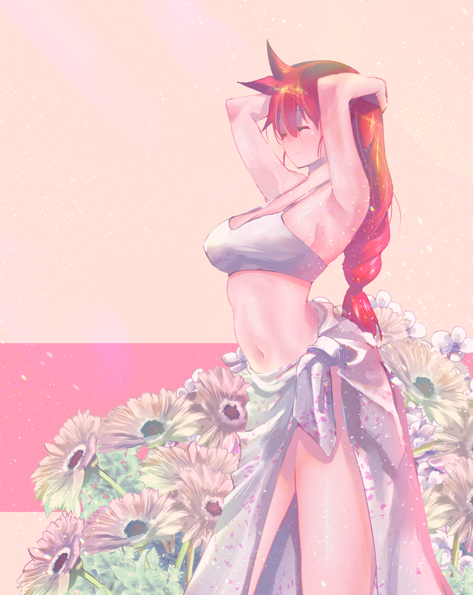 1girl armpits arms_up blush braid breasts closed_eyes closed_mouth commentary_request eyebrows_visible_through_hair flower hair_between_eyes hand_on_own_head highres kemurikusa large_breasts long_hair navel pink_background ponytail redhead ryou_(kemurikusa) sarong smile solo standing usapenpen2019 white_bikini_top