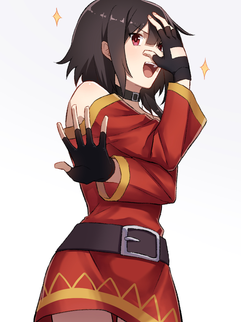 1girl belt black_gloves brown_hair choker cowboy_shot dress emoemon eyebrows_visible_through_hair fingerless_gloves gloves hair_between_eyes hand_over_face kono_subarashii_sekai_ni_shukufuku_wo! long_sleeves looking_at_viewer megumin no_hat no_headwear open_mouth pose red_eyes short_dress short_hair simple_background solo sparkle white_background