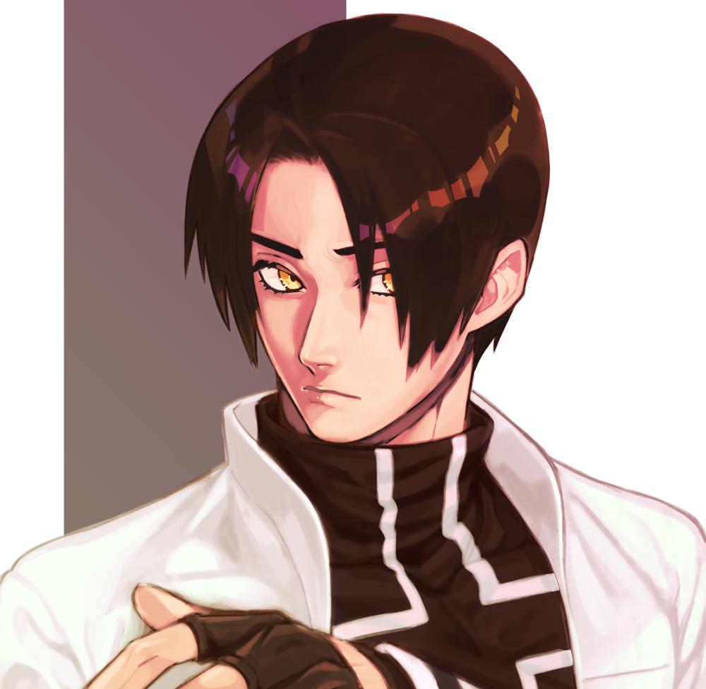 1boy black_hair brown_eyes brown_hair cross_print fingerless_gloves gloves jacket juu_satoshi kusanagi_kyou looking_at_viewer male_focus parted_hair solo the_king_of_fighters turtleneck upper_body white_jacket