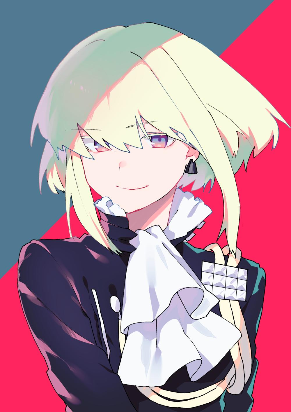 1boy earrings frilled_shirt_collar frills green_hair highres jewelry lio_fotia looking_at_viewer male_focus moegi0926 platinum_blonde_hair promare short_hair smile solo violet_eyes