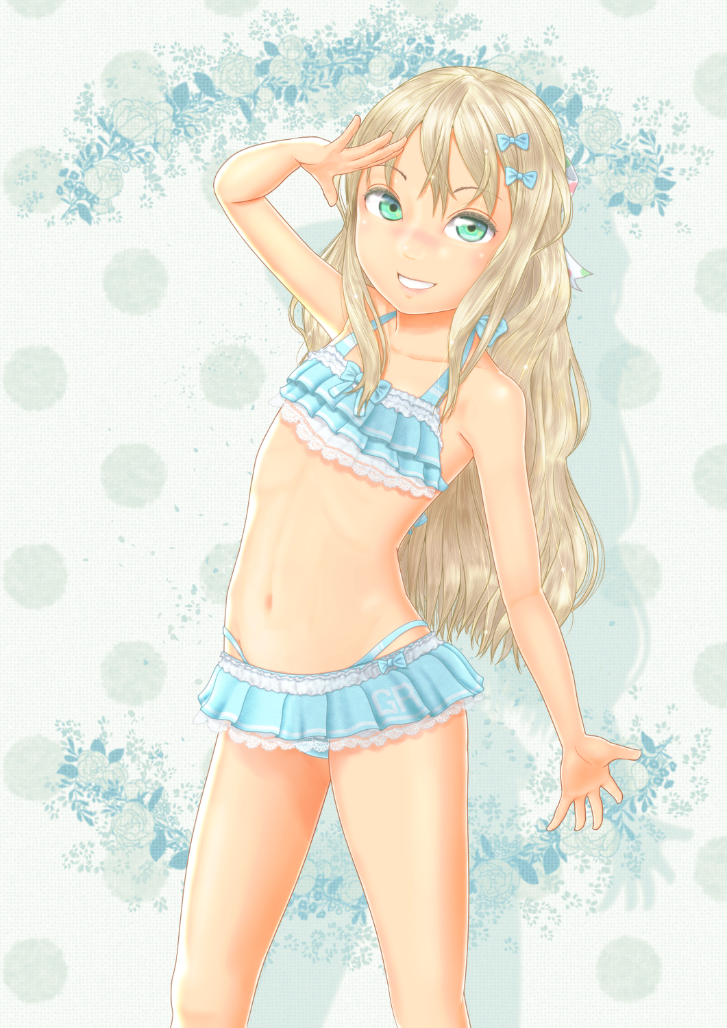 1girl bikini bikini_skirt blonde_hair blue_background blue_bikini blue_bow bow collarbone commentary_request contrapposto flat_chest frilled_bikini frills grecale_(kantai_collection) green_eyes hair_ornament hairclip highres kantai_collection long_hair looking_at_viewer navel parted_lips salute smile solo standing swimsuit uzuki_mei