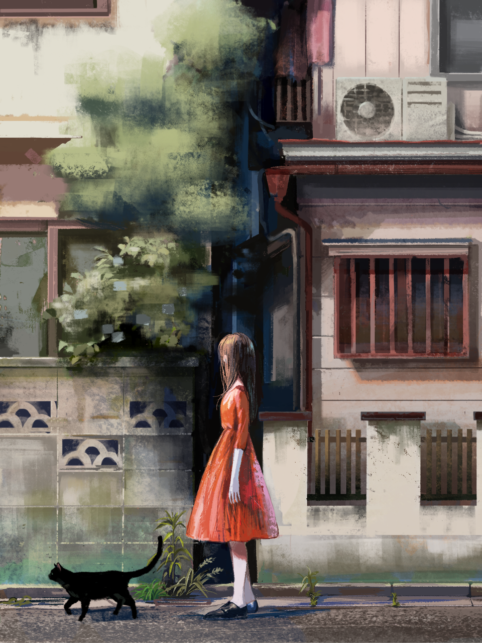 1girl air_conditioner alley animal black_cat black_footwear brown_hair building cat commentary_request day dress from_side fuwata highres long_hair looking_away original outdoors red_dress road scenery standing street wide_shot