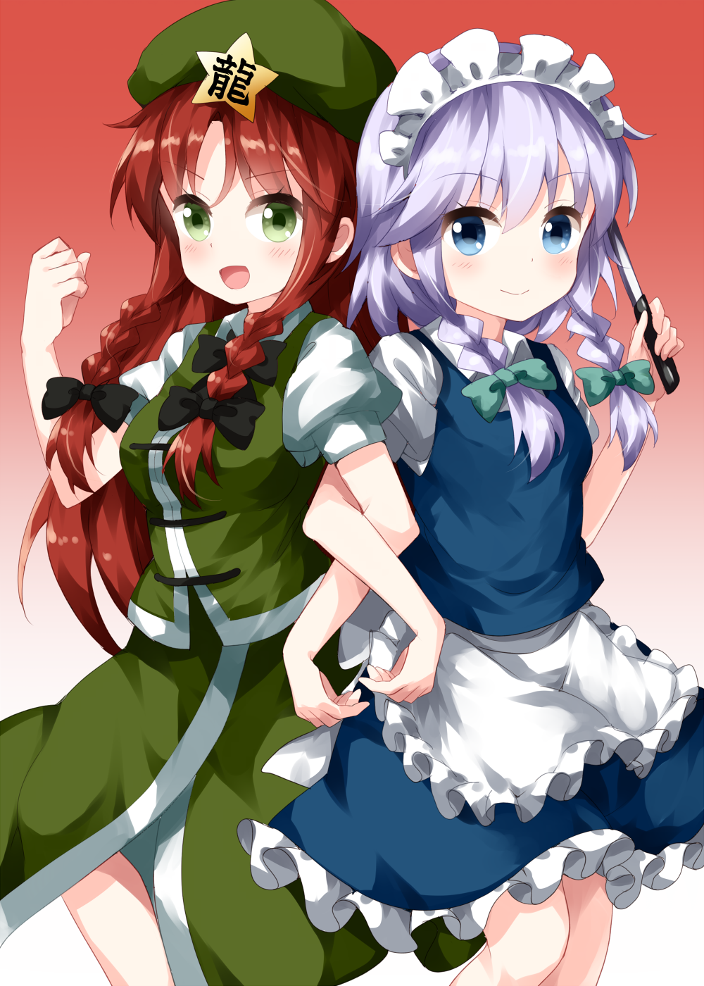 2girls :d apron bangs beret black_bow blue_eyes blue_skirt blue_vest blush bow braid breasts clenched_hand commentary_request cowboy_shot eyebrows_visible_through_hair frilled_apron frills gradient gradient_background green_bow green_eyes green_headwear green_skirt green_vest hair_bow hand_up hat highres holding holding_knife holding_weapon hong_meiling izayoi_sakuya knife left-handed locked_arms long_hair looking_at_viewer maid maid_apron maid_headdress medium_breasts miniskirt multiple_girls open_mouth petticoat puffy_short_sleeves puffy_sleeves red_background redhead ruu_(tksymkw) shirt short_hair short_sleeves silver_hair skirt skirt_set smile standing star touhou twin_braids vest waist_apron weapon white_apron white_background white_shirt