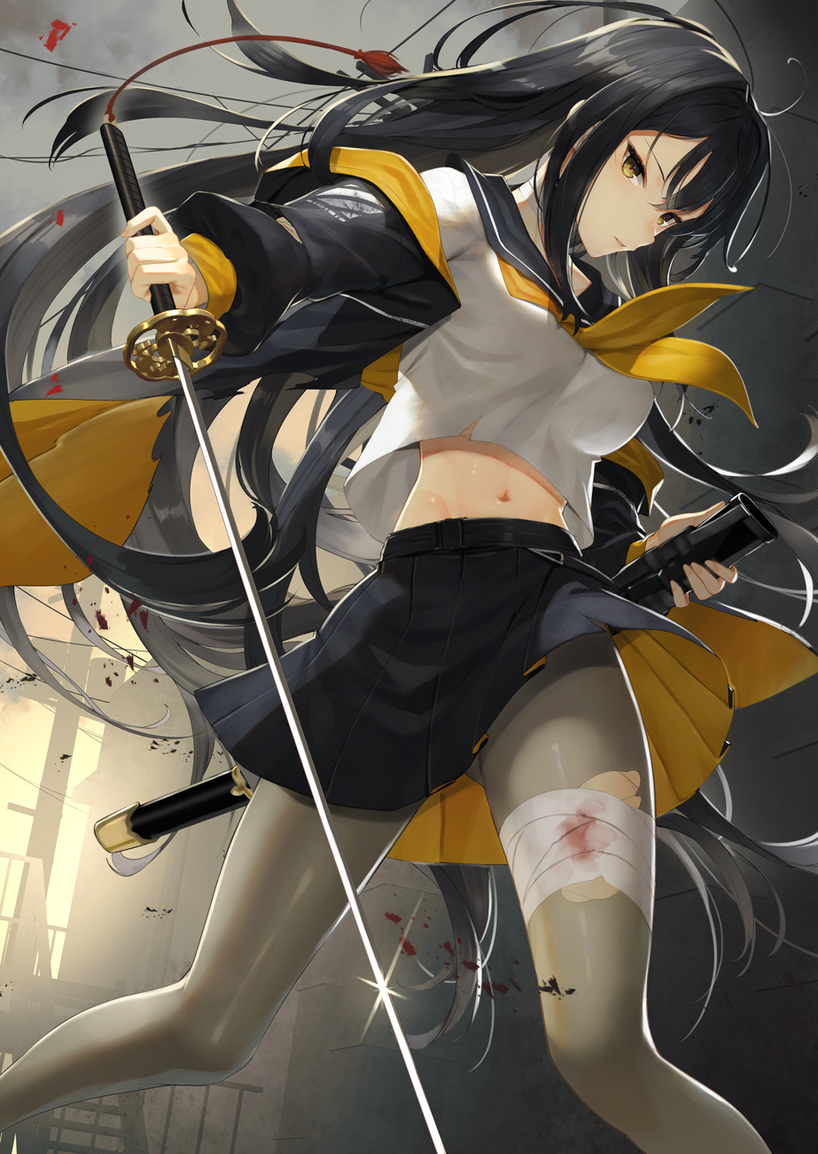 1girl bandaged_leg bandages bangs black_hair black_jacket black_sailor_collar black_skirt blood bloody_bandages brown_eyes clouds commentary_request grey_legwear hair_between_eyes highres holding holding_sheath holding_sword holding_weapon jacket katana long_hair long_sleeves looking_at_viewer midriff navel neckerchief open_clothes open_jacket original outdoors pantyhose pleated_skirt puffy_long_sleeves puffy_sleeves sailor_collar school_uniform serafuku sheath shirt skirt sky solo standing sukocchi sunset sword torn_jacket unsheathed very_long_hair weapon white_shirt yellow_neckwear