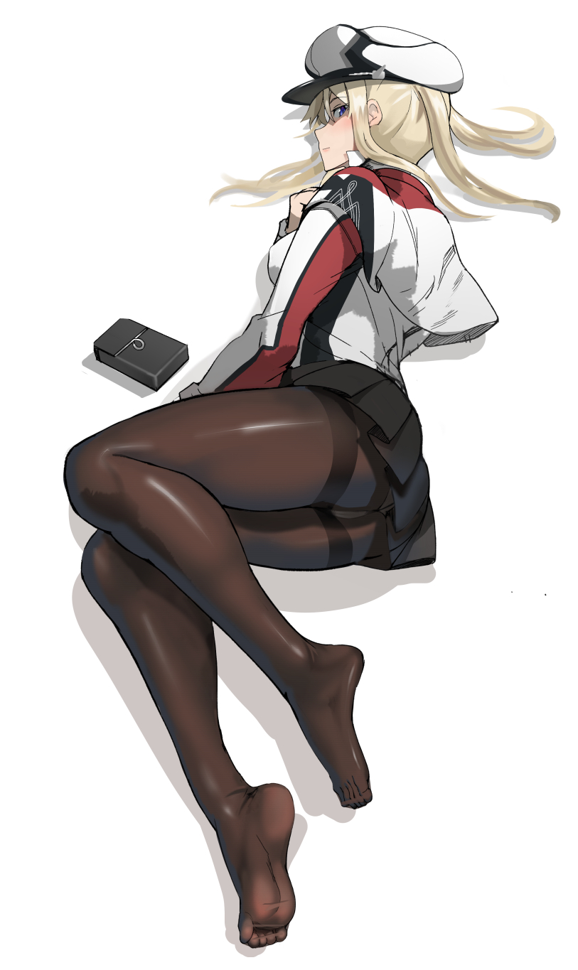 1girl ayakumo black_legwear black_skirt blonde_hair blue_eyes breasts capelet celtic_knot graf_zeppelin_(kantai_collection) highres jacket kantai_collection large_breasts long_sleeves lying military military_uniform miniskirt on_side pantyhose sidelocks simple_background skirt solo thighband_pantyhose twintails uniform white_background white_capelet white_jacket