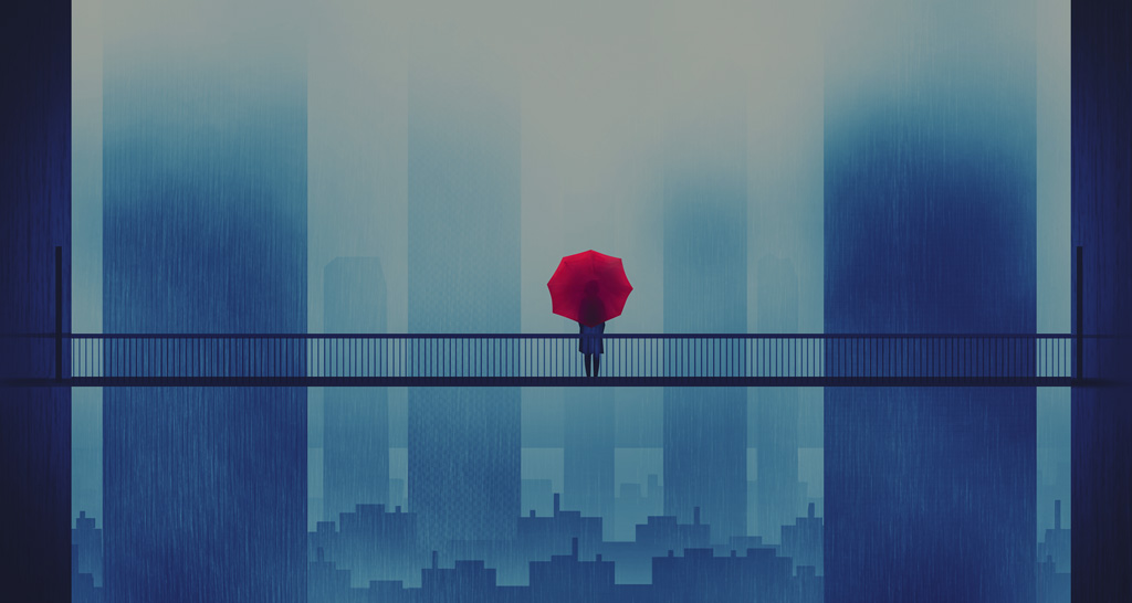 blue_theme bridge building city fog ka92 monochrome original rain red_umbrella silhouette skyline skyscraper solo spot_color umbrella