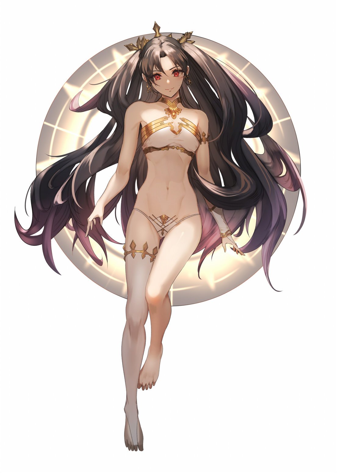 1girl armlet asymmetrical_legwear asymmetrical_sleeves bangs bare_shoulders bikini breasts closed_mouth earrings elbow_gloves fate/grand_order fate_(series) feet full_body gloves highres hoop_earrings ishtar_(fate/grand_order) jewelry kakage legs long_hair looking_at_viewer medium_breasts navel neck_ring parted_bangs simple_background single_elbow_glove single_thighhigh smile solo swimsuit thigh-highs tiara toeless_legwear two_side_up white_background white_bikini