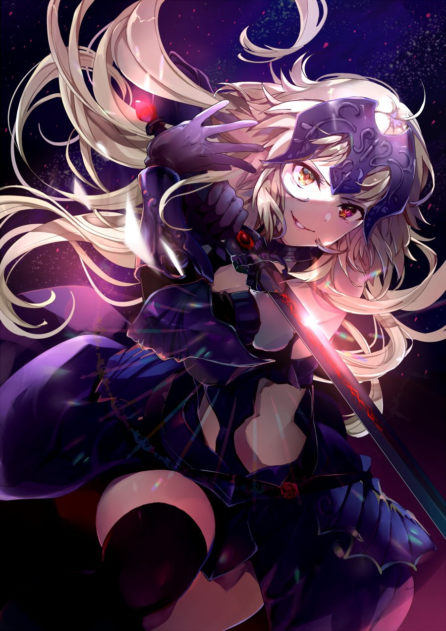 1girl ahoge armor armored_dress banner black_dress black_legwear cape dress fate/grand_order fate_(series) fur_cape headpiece highres holding holding_sword holding_weapon jeanne_d'arc_(alter)_(fate) jeanne_d'arc_(fate)_(all) long_hair looking_at_viewer platinum_blonde_hair puracotte red_eyes smile solo sword thigh-highs very_long_hair weapon yellow_eyes