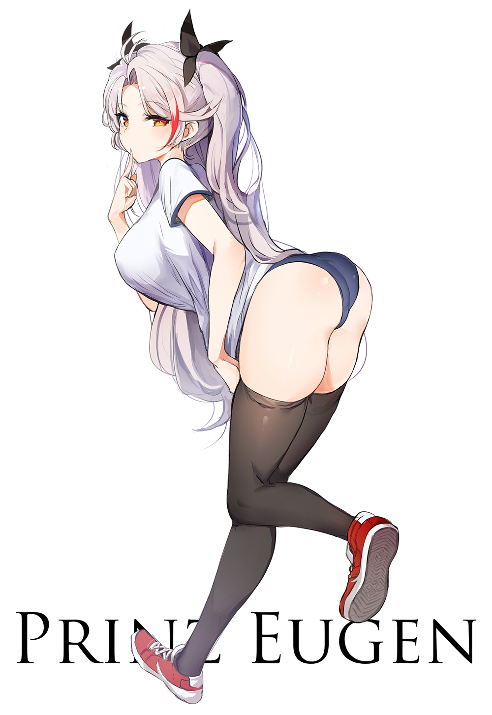 1girl antenna_hair ass azur_lane bent_over black_legwear blue_buruma breasts buruma character_name finger_to_mouth full_body gym_uniform hair_ribbon hand_up highres large_breasts long_hair looking_at_viewer looking_back luse_maonang multicolored_hair orange_eyes prinz_eugen_(azur_lane) red_footwear ribbon shirt shoes short_sleeves silver_hair simple_background skindentation sneakers solo streaked_hair thigh-highs thighs two_side_up very_long_hair white_background white_shirt