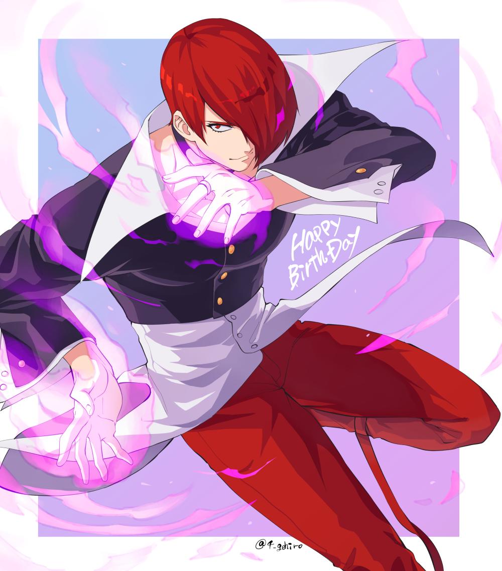 1boy choker collared_shirt fire hair_over_one_eye happy_birthday jacket juu_satoshi looking_at_viewer male_focus purple_fire red_eyes redhead shirt solo the_king_of_fighters unbuttoned_sleeves wing_collar yagami_iori