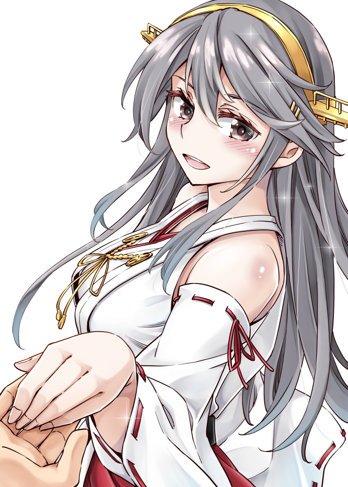 1girl 1other :d bare_shoulders blush brown_eyes detached_sleeves grey_hair hair_between_eyes haruna_(kantai_collection) headgear holding_hands kantai_collection long_hair looking_at_viewer nontraditional_miko open_mouth red_skirt remodel_(kantai_collection) simple_background skirt smile solo_focus upper_body white_background wide_sleeves yukiharu