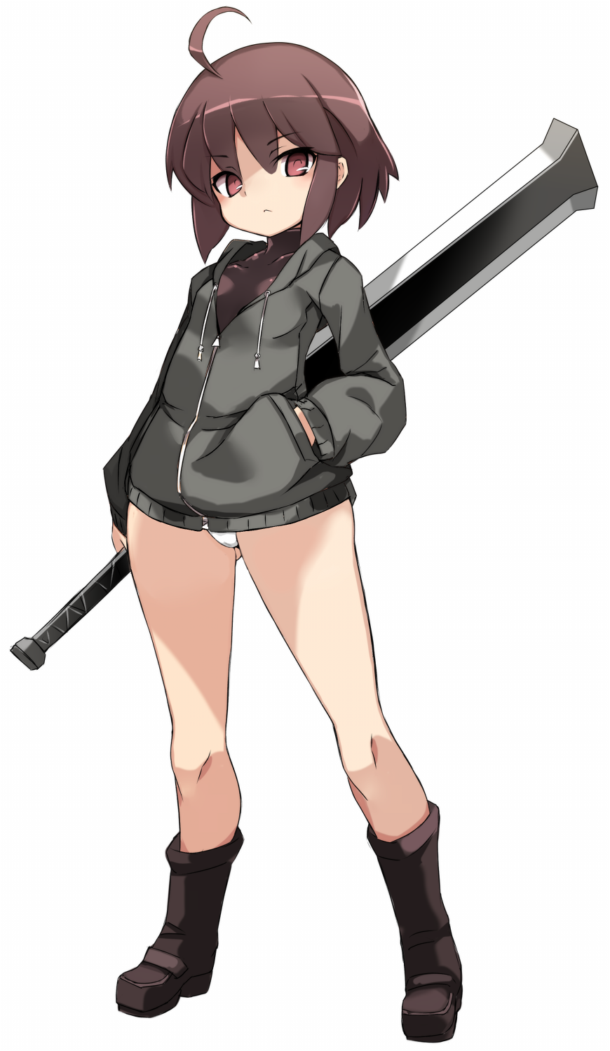 1girl ahoge ass_visible_through_thighs bangs boots breasts brown_eyes brown_footwear brown_hair brown_shirt covered_collarbone drawstring eyebrows_visible_through_hair full_body grey_jacket hair_between_eyes hand_in_pocket highres holding holding_sword holding_weapon hood hood_down hooded_jacket jacket karukan_(monjya) linne long_sleeves looking_at_viewer no_pants panties parted_lips shirt simple_background small_breasts solo standing sword under_night_in-birth underwear weapon white_background white_panties