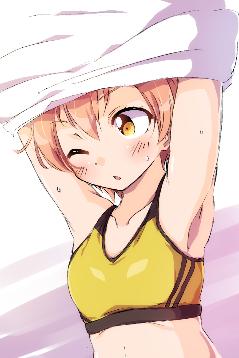 1girl armpits arms_up blush collarbone commentary_request highres hoshizora_rin love_live! love_live!_school_idol_project one_eye_closed open_mouth orange_hair sen_(sen0910) shirt short_hair solo sports_bra sweat undressing upper_body white_shirt yellow_eyes yellow_sports_bra