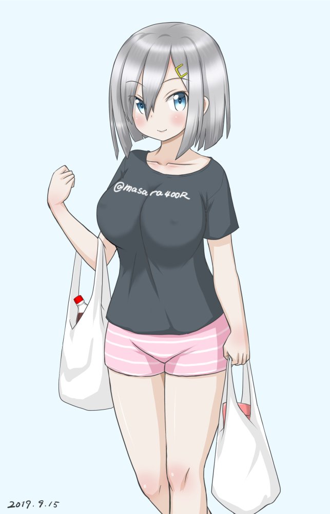 1girl alternate_costume bag black_shirt blue_background blue_eyes bottle breasts casual commentary_request dated eyes_visible_through_hair feet_out_of_frame hair_ornament hair_over_one_eye hairclip hamakaze_(kantai_collection) kantai_collection large_breasts looking_at_viewer masara_(masalucky2010) pink_shorts plastic_bag shirt short_hair short_shorts short_sleeves shorts silver_hair simple_background solo striped striped_shorts t-shirt twitter_username