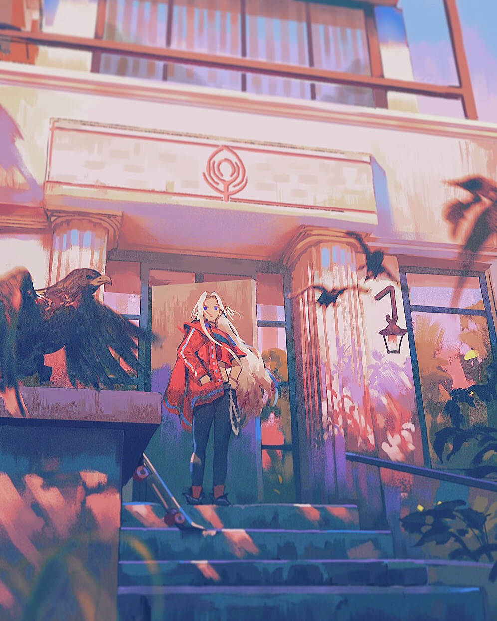 1girl bird blonde_hair blurry building dappled_sunlight eagle edelgard_von_hresvelg fire_emblem fire_emblem:_three_houses hand_in_pocket highres klegsart long_hair looking_to_the_side open_mouth outdoors railing solo stairs sunlight violet_eyes wind