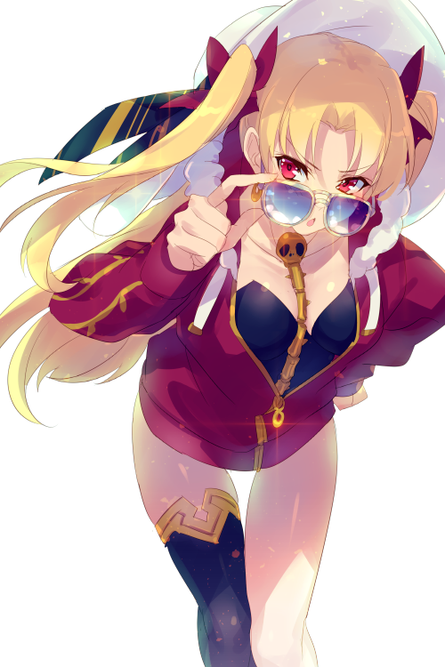 1girl asymmetrical_legwear bangs black_leotard blonde_hair breasts cis05 collarbone earrings ereshkigal_(fate/grand_order) fate/grand_order fate_(series) fur-trimmed_jacket fur_trim hat infinity jacket jewelry leaning_forward leotard long_hair long_sleeves looking_at_viewer medium_breasts open_mouth parted_bangs red_eyes red_jacket simple_background single_thighhigh skull solo spine sun_hat sunglasses thigh-highs thighs two_side_up white_background