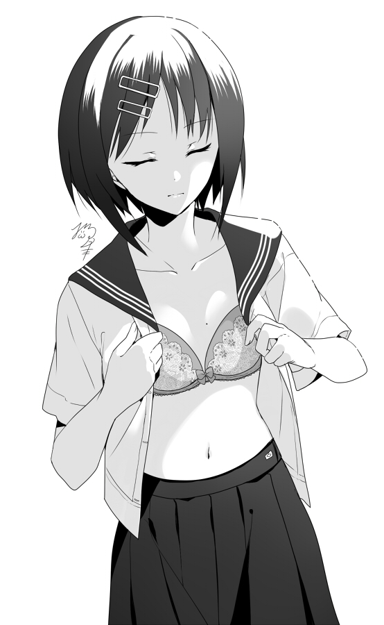 1girl bangs bra breasts closed_eyes flat_chest greyscale hair_ornament hairclip light_frown mole mole_on_breast monochrome navel nekozuki_yuki open_clothes open_shirt original pleated_skirt school_uniform serafuku short_hair short_sleeves signature simple_background skirt solo underwear undressing white_background