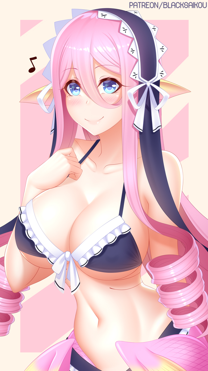 1girl bare_arms bikini black_bikini blacksaikou blue_eyes blush breasts closed_mouth collarbone commentary drill_hair english_commentary eyebrows_visible_through_hair frilled_bikini frilled_hairband frills hair_between_eyes hairband hand_on_own_chest head_fins highres large_breasts long_hair maid_bikini mermaid meroune_lorelei monster_girl monster_musume_no_iru_nichijou musical_note navel patreon_username pink_hair pointy_ears simple_background smile solo swimsuit tail upper_body