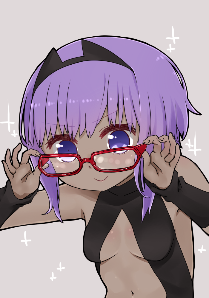 1girl bangs bare_shoulders black_leotard breasts center_opening closed_mouth dark_skin eyebrows_visible_through_hair fate/prototype fate/prototype:_fragments_of_blue_and_silver fate_(series) fingernails glasses grey_background hands_up hassan_of_serenity_(fate) i.u.y leotard navel purple_hair red-framed_eyewear sidelocks simple_background small_breasts smile solo v-shaped_eyebrows violet_eyes