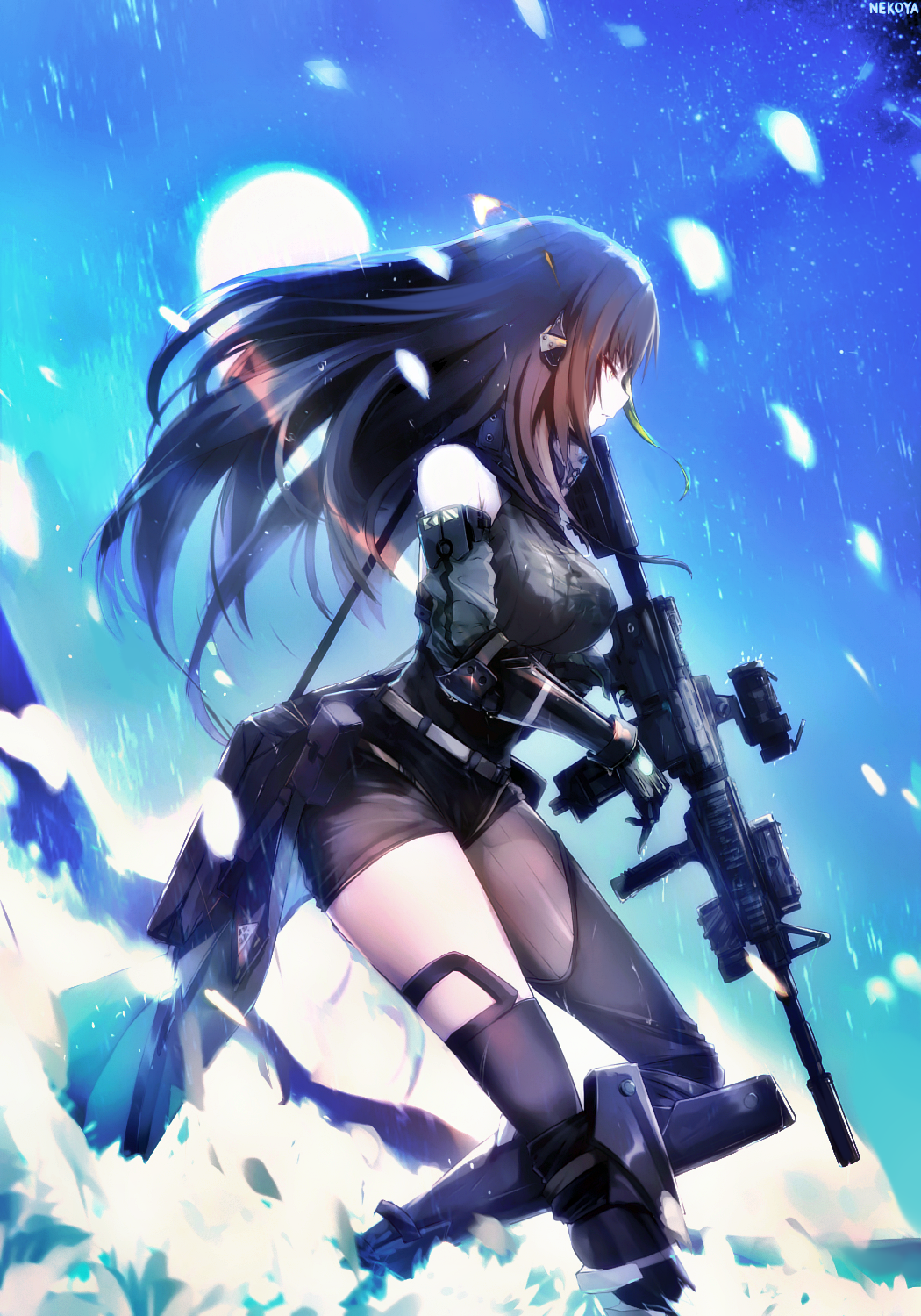 1girl assault_rifle bangs bare_shoulders black_gloves black_hair black_legwear black_shirt black_shorts breasts brown_eyes brown_hair closed_mouth commentary_request detached_sleeves dyolf elbow_gloves girls_frontline gloves gradient_hair green_hair green_sleeves gun hair_ornament highres holding holding_gun holding_weapon looking_away m4_carbine m4a1_(girls_frontline) medium_breasts multicolored_hair object_namesake profile rifle scope shirt short_shorts shorts sleeveless sleeveless_shirt solo thigh-highs water weapon