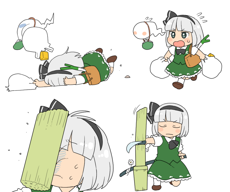 1girl bag blush_stickers brown_footwear chibi closed_eyes coin_purse cutting expressionless faceplant falling flower flying_sweatdrops green_skirt green_vest grey_eyes grocery_bag hair_ribbon handbag holding holding_bag holding_sword holding_weapon in_the_face konpaku_youmu konpaku_youmu_(ghost) koyama_shigeru multiple_views one_knee ribbon scabbard sheath shopping_bag short_hair silver_hair simple_background skirt skirt_set spring_onion sword touhou vest walking weapon white_background younger