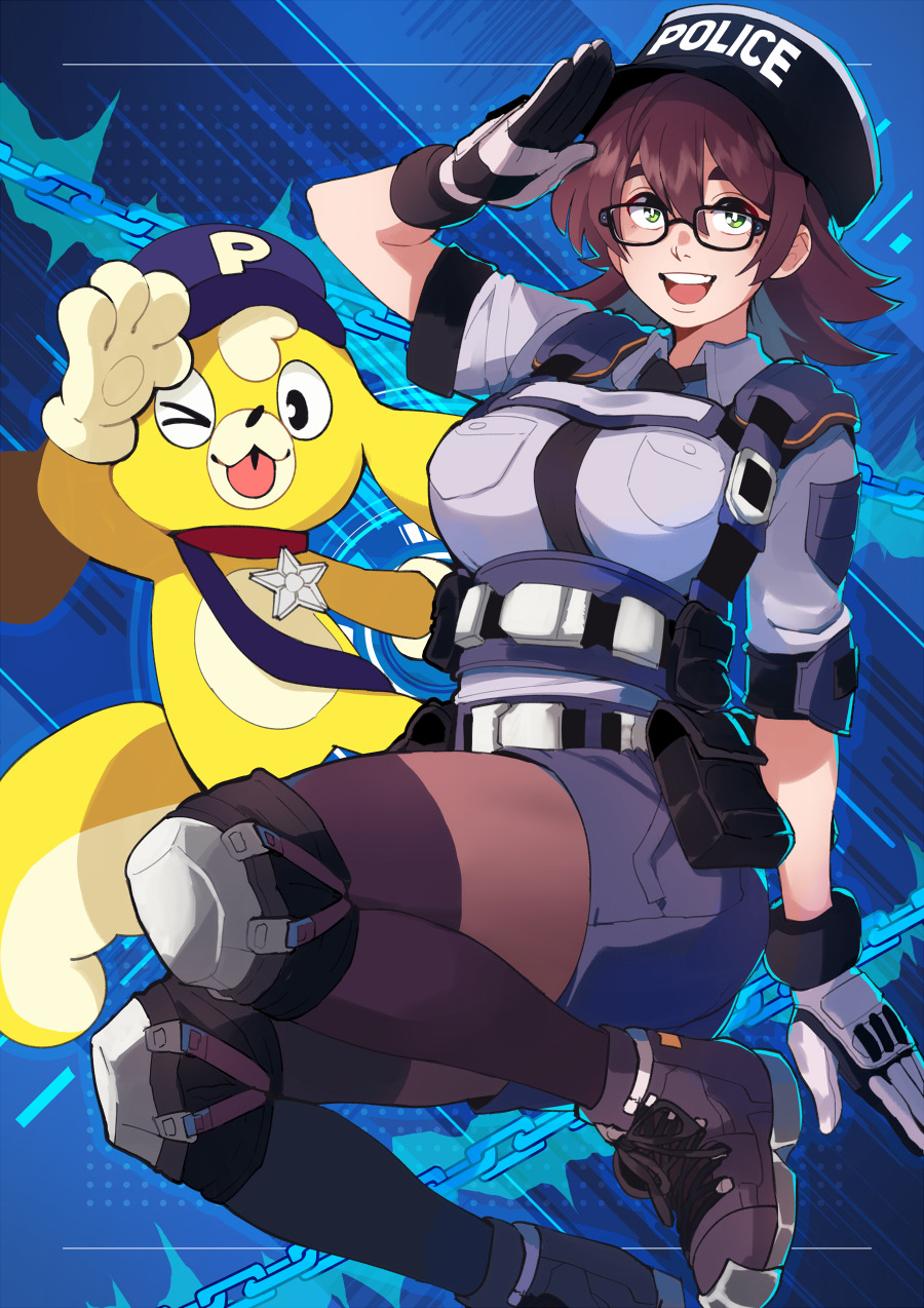 1girl astral_chain azuumori badge belt_pouch boots breasts brown_hair chain commentary english_commentary glasses gloves green_eyes hat highres holster knee_pads lappy large_breasts looking_at_viewer marie_wentz mascot_costume miniskirt necktie one_eye_closed open_mouth pantyhose police police_hat police_uniform policewoman pouch revision salute shoes short_hair skirt smile thigh-highs tongue tongue_out uniform