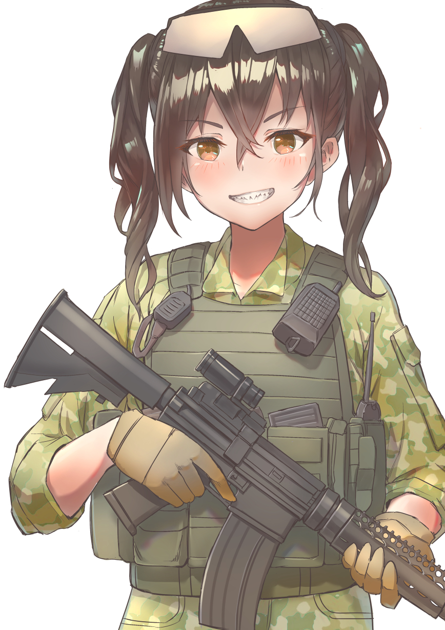 1girl black_hair blush brown_eyes brown_gloves camouflage_jacket commentary_request eyebrows_visible_through_hair gloves grin gun hair_between_eyes highres holding holding_gun holding_weapon idolmaster idolmaster_cinderella_girls idolmaster_cinderella_girls_starlight_stage long_hair looking_at_viewer medium_hair military military_uniform sharp_teeth shoukichi_(shony) simple_background smile sunazuka_akira teeth twintails uniform weapon white_background