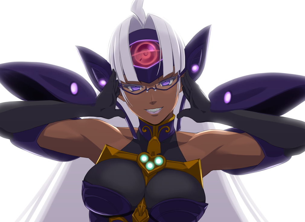 1girl android bare_shoulders breasts commentary_request cyborg dark_skin elbow_gloves gloves kuroiani long_hair looking_at_viewer silver_hair smile solo t-elos t-elos_re teeth xenoblade_(series) xenoblade_2 xenosaga