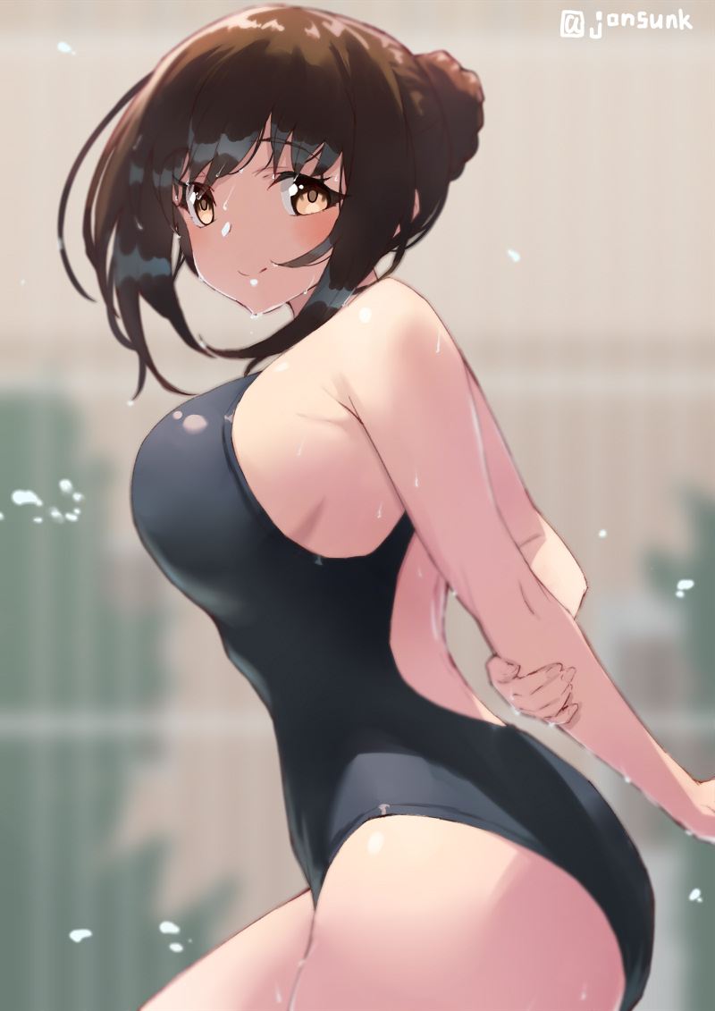 1girl bangs bare_shoulders black_swimsuit blush breasts brown_eyes brown_hair closed_mouth competition_swimsuit hair_bun jonsun large_breasts long_hair looking_at_viewer one-piece_swimsuit original sidelocks smile solo swimsuit water_drop wet