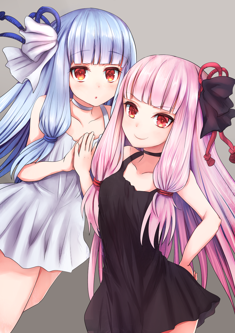 2girls :o bangs bare_arms bare_shoulders black_dress blue_hair blunt_bangs blush collarbone commentary_request dress eyebrows_visible_through_hair grey_background highres kakan_(amka) kotonoha_akane kotonoha_aoi long_hair looking_at_viewer multiple_girls open_mouth pink_hair red_eyes simple_background smile voiceroid white_dress